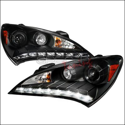 SPEC D PROJECTOR HEADLIGHTS+R8 LED DRL DAYTIME RUNNING STRIPS BLACK GENESIS COUPE